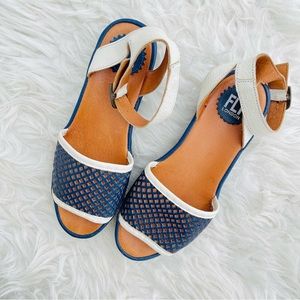 Fly London Navy Blue Perforated Mesh Leather Low Platform Sandal